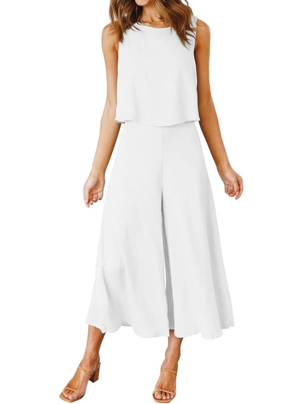 Women's Summer 2 Piece White Round Neck Crop Top Cropped Wide Leg Jumpsuit